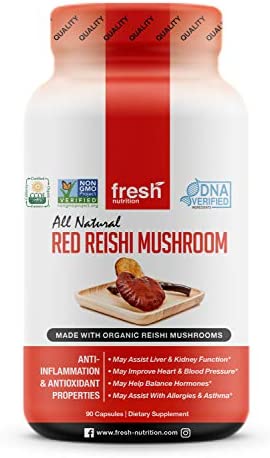 Organic Reishi Mushroom Capsules – Strongest DNA Verified Formula – Rich in Alpha Glucan – Red Reishi Mushrooms – Ganoderma Lucidum & Ganoderma Applanatim – Third Party Tested – 90 Capsules/Pills