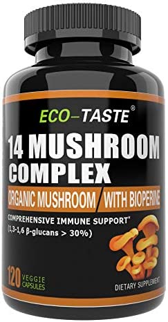 ECO-TASTE 14 Mushrooms Supplement with Black Pepper for Absorption Enhancer – 120 Veggie Capsules