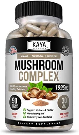 Kaya Naturals Premium Mushroom Complex Potent 1995mg Per Serving 90 Veggie Capsules Aids Mental Clarity Supports Immune System, Wellness & Vitality (90)