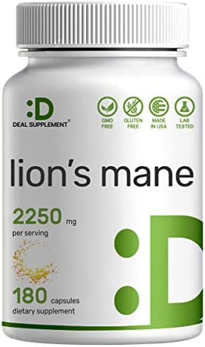 Lions Mane Mushroom Extract Supplement, 2250mg Servings, 180 Capsules – Active Fruiting Body & Mycelium Source – Natural Nootropic, Rich in Polysaccharides – Non-GMO