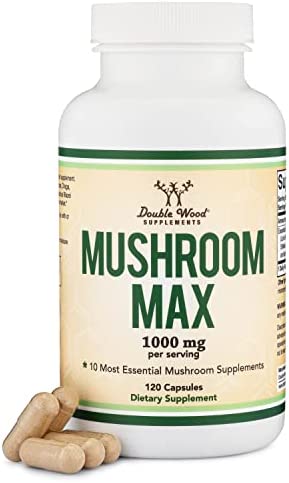 Mushroom Supplement Complex – 1,000mg Blend of Top 10 Essential Mushrooms (Grown in The USA) (Lion’s Mane, Turkey Tail, Reishi, Cordyceps, Chaga, Shitake, Maitake, K Trumpet, and More) by Double Wood