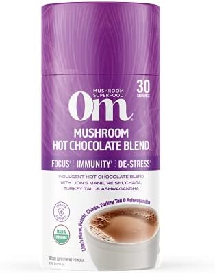 Om Mushroom Superfood Hot Chocolate Blend Mushroom Powder, 8.47 Ounce Canister, 30 Servings, Dutch Cocoa, 2g of Sugar, 25 Calories, Lion’s Mane, Reishi, Chaga, Turkey Tail, Focus and Stress Support