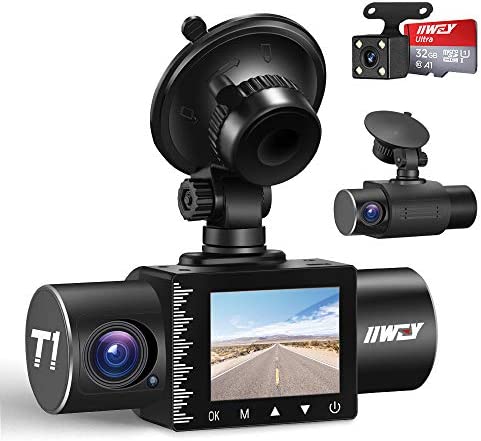 iiwey Dash Cam Front Rear and Inside 1080P Three Channels with IR Night Vision Car Camera SD Card Included Dashboard Camera Dashcam for Cars HDR Motion Detection and G-Sensor for Car, Taxi, Uber