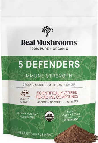 Real Mushrooms 5 Defenders Powder – Organic Mushroom Extract w/Chaga, Shiitake, Maitake, Turkey Tail, & Reishi – Mushroom Supplement for Brain, Focus, & Immune Support – Vegan, Non-GMO, 45 Servings