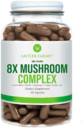 Antler Farms – 100% Pure 8X Mushroom Complex, Equiv. to 12,600mg – Organic Five Mushroom Blend of Concentrated 8:1 Extracts – Lion’s Mane, Reishi, Cordyceps, Chaga, Turkey Tail, Fruiting Bodies Only