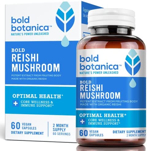 Bold Botanica Bold Reishi Mushroom Capsules – Concentrated Organic Reishi Extract for Immune Support & Core Wellness – 100% Fruiting Body – No Mycelia & No Grain – 60 Vegan Capsules