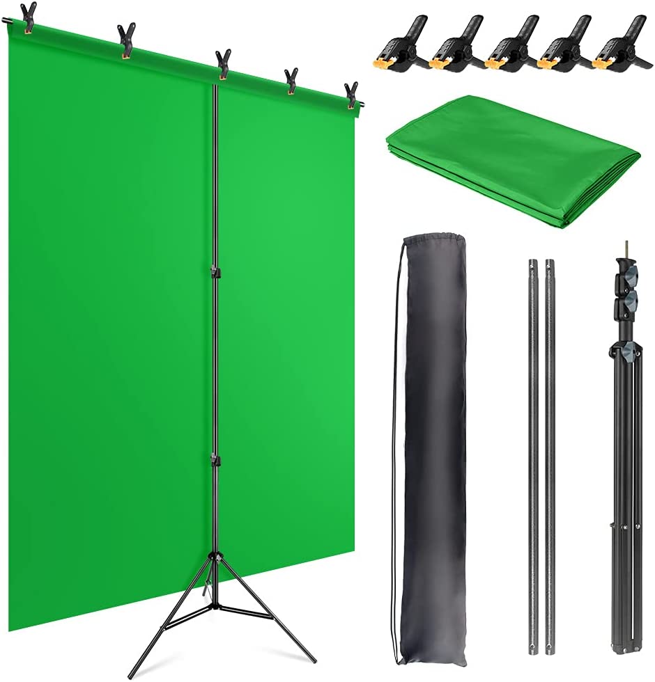 JEBUTU 5X6.5ft Green Screen Backdrop with Stand Kit, Green Screen with T-Shape Background Support Stand, Portable Green Screen Stand Kit with Carrying Bag & 5 Spring Clamps for Zoom, Video, Streaming