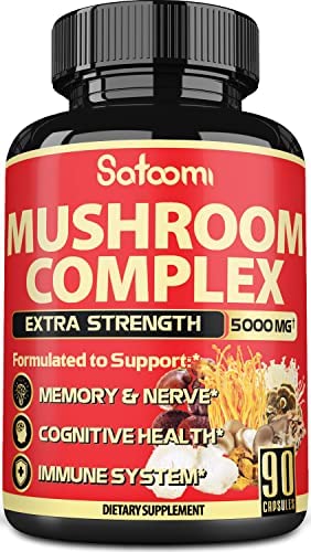 10in1 Mushroom Complex Capsules 5000 mg – 90 Caps 3 Months Supply – With Lions Mane Mushroom Supplement, Cordyceps, Reishi, Chaga, Maitake, Shiitake, Enoki, Agaricus & others – Memory & Immune Support