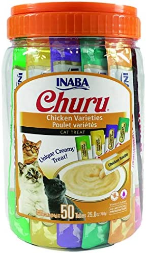 INABA Churu Cat Treats, Grain-Free, Lickable, Squeezable Creamy Purée Cat Treat/Topper with Vitamin E & Taurine, 0.5 Ounces Each Tube, 50 Tubes, Chicken Variety