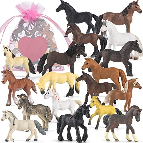 26Pcs Valentines Day Classroom Exchange Gift Set, 18Pcs Plastic Horse Figure Toy for Girls Kids with 4Pcs Valentine Greeting Cards and 4Pcs Gift Bags for Valentine’s Party Favor