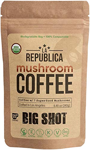 La Republica Big Shot Organic Mushroom Coffee (120 Servings) w/ 7 Superfood Mushrooms, Great Tasting Instant Mushroom Powder Has Lion’s Mane, Reishi, Chaga, Cordyceps, Shiitake, Maitake, Turkey Tail