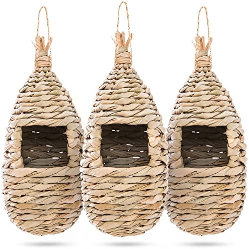 WDEFUN Humming Bird Houses for Outdoor Hanging, Natural Grass Bird Hut,Hand Woven Hummingbird Nest,Wren Finch Bird House for Garden Window Outdoor Home 3 Pack