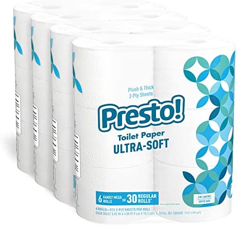 Amazon Brand – Presto! Mega Roll Toilet Paper, Ultra-Soft, 6 Count (Pack of 4), 24 Family Mega Rolls = 120 regular rolls