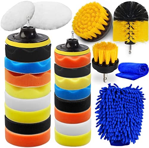 Jaronx 27PCS Car Polishing Pad Kit, 10pcs 4″ and 10pcs 3″ Car Foam Buffing Pads, Car Polisher Kit Car Drill Polishing Kit with Car Detailing Drill Brushes, Car Washing Mitt, Car Cleaning Towel