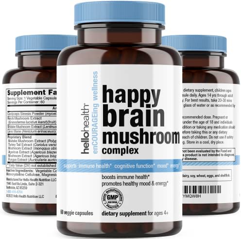 Happy Brain Mushroom Complex Nootropics Brain Support Supplement | 10 Mushroom Supplement: Lions Mane, Turkey Tail, Red Reishi, Shiitake Mushrooms -Mental Clarity, Stress Relief & Immune Support 60 ct