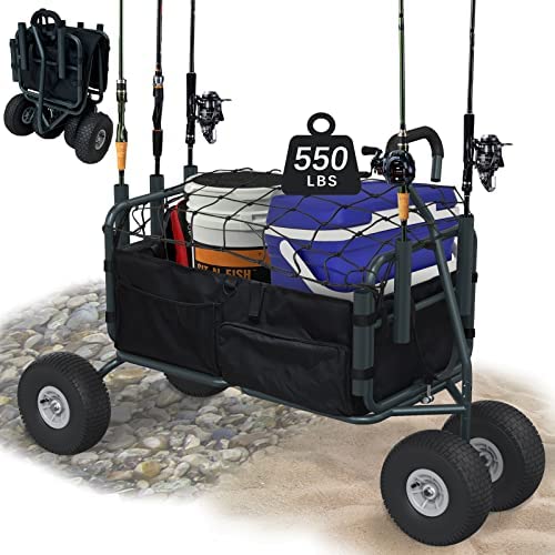 GDLF Fishing Cart Wagons Carts Heavy Duty Foldable Collapsible Wagon with Big Wheels and Rod Holders 550 Pound Capacity 53.9″x26.4″x38.8″