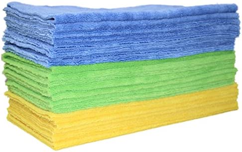 POLYTE Microfiber Cleaning Towel Ultrasonic Cut Edgeless (16×16, 24 Pack, Premium, Blue,Green,Yellow)