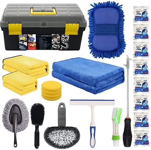 AUTODECO 25Pcs Microfibre Car Wash Cleaning Tools Set Gloves Towels Applicator Pads Sponge Car Care Kit Wheel Brush Car Cleaning Kit with Storage Box Black Grey Yellow Handle