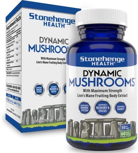 Stonehenge Health Dynamic Mushrooms – 100% Fruiting Bodies & Extracts – Lion’s Mane, Chaga, Maitake, Shiitake, Reishi – Nootropic Brain & Focus, Immune System Booster – No Mycelium -60 Veggie Capsules