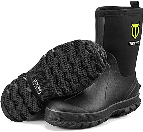 TIDEWE Rubber Boots for Men, 5.5mm Neoprene Insulated Rain Boots with Steel Shank, Waterproof Mid Calf Hunting Boots, Durable Rubber Work Boots for Farming Gardening Fishing (Black & Realtree Edge Camo, Size 5-14)