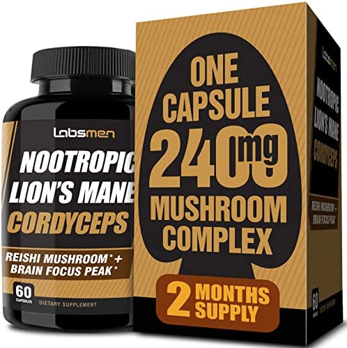 Natural Nootropic Organic Mushroom Complex – Lions Mane, Cordyceps & Reishi Mushroom Supplement as Brain Booster/Energy Pills Help Support Brain Power, Mental Clarity & Immune System, Veggie 2-Mons