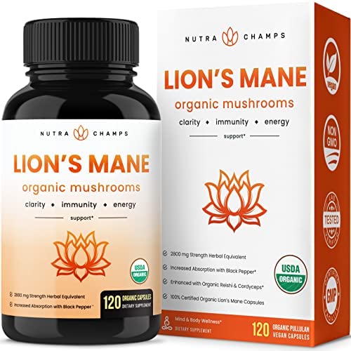 Organic Lions Mane Mushroom Supplement (2 Month Supply – 120 Count) Mental Clarity, Memory & Focus Supplement | Vegan Cordyceps & Reishi Mushroom Capsules | Supports Immune System & Brain Health