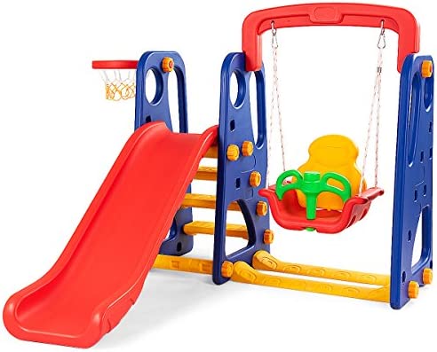 Costzon Toddler Swing and Slide Set, 3-in-1 Large Climber Slide Playset w/Basketball Hoop, Long Slide, Stairs, Thickened Panel, Playground Swing Set for Indoor Outdoor Backyard 3-10 Gifts Presents