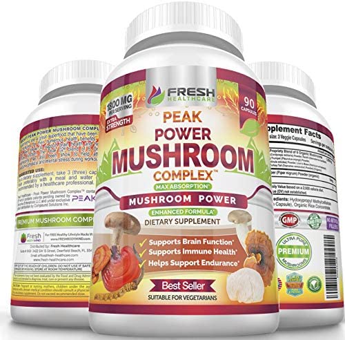 Peak Power Mushroom Supplement – Immune, Brain, Focus and Wellness Support – 6 Premium Mushroom Blend with Lions Mane, Cordyceps, Reishi, Turkey Tail, and Shiitake Mushrooms – 90 Vegan Power Capsules