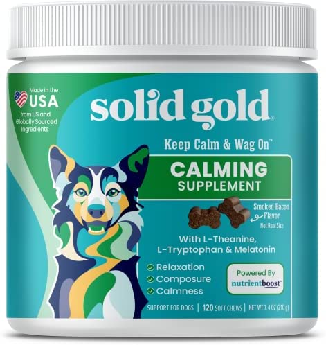 Solid Gold Calming Chews for Dogs – Soothing Snacks for Stress & Dog Anxiety Relief with Melatonin & Valerian Root – Dog Treats for Separation Anxiety Relief for All Breeds & Sizes – 120 Count