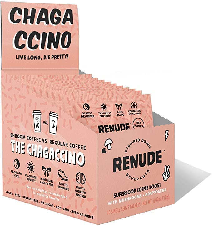 Renude Chagaccino Mushroom & Adaptogen Coffee Boost Powder with Wild-Foraged Chaga, Cacao, Ceylon Cinnamon, & Monk Fruit | Immune Support, Beauty & Brains, Vegan & Keto, 0 Calories | 10 Servings