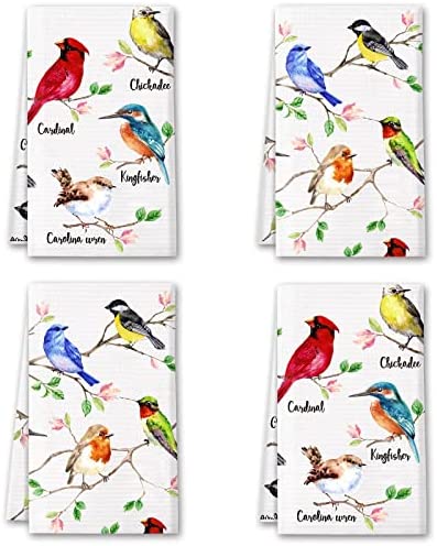 Vansolinne Birds Kitchen Towels Birds On Branch Dish Towels Set of 4 Cardinal Hummingbird Bluejay Spring Absorbent Hand Towels Tea Towels Gifts for Bird Lovers Women for Cleaning Drying Cooking Baking