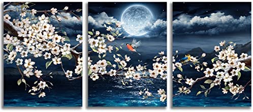 KLAKLA Cherry Blossom Wall-Art Bird Moon Ocean Print Picture for Bedroom Wall Decor On Canvas Gallery Wrapped Floral Artwork – Gifts for Women 3 Pieces Blue Wall Decor Ready to Hang 16×12 inches
