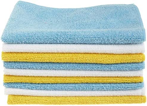 Amazon Basics Microfiber Cleaning Cloths, Non-Abrasive, Reusable and Washable – Pack of 24, 12 x16-Inch, Blue, White and Yellow