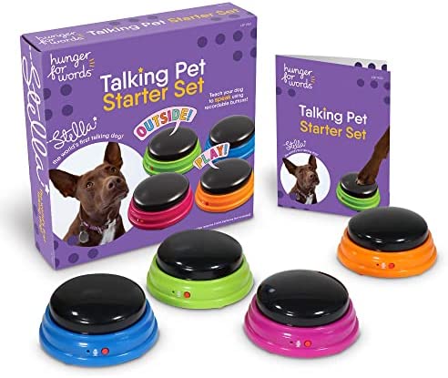 Hunger for Words Talking Pet Starter Set – 4 Piece Set Recordable Buttons for Dogs, Talking Dog Buttons, Teach Your Dog to Talk, Talking Pet, Dog Training Games, Dog Buttons for Communication