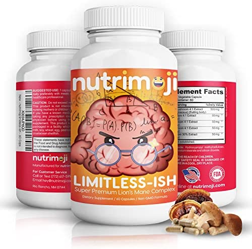 nutrimoji Limitless-ish | Natural Energy and Focus | Lions Mane Mushroom Supplement Brain Booster | The No Crash Energy Supplement | Immunity Boosting Focus Vitamin | 60 Lion’s Mane Mushroom Capsules…