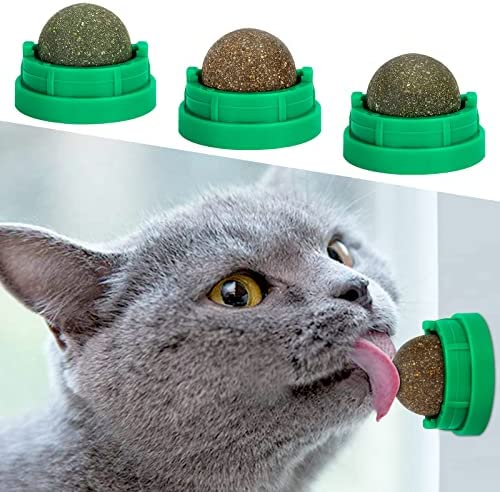 OHALEEP Catnip Ball for Cats Wall, 3 Pack Catnip Toys, Edible Kitty Toys for Cats Lick, Safe Healthy Kitten Chew Toys, Teeth Cleaning Dental Cat Toys, Cat Wall Treats (Green)