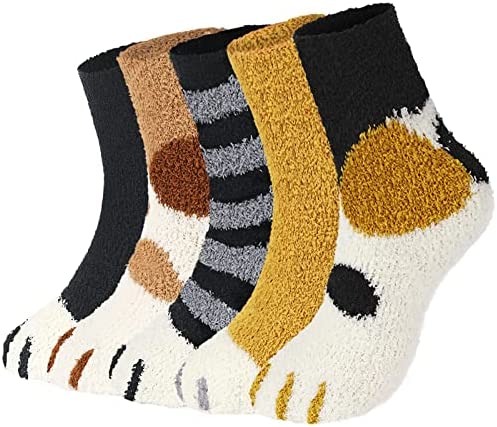 Trifabricy 5 Pair Fuzzy Socks for Women – Cute Funny Cat Fluffy Socks, Women’s Warm Soft Cozy Cat Paw Socks, Funny Novelty Socks, Slipper Socks for women