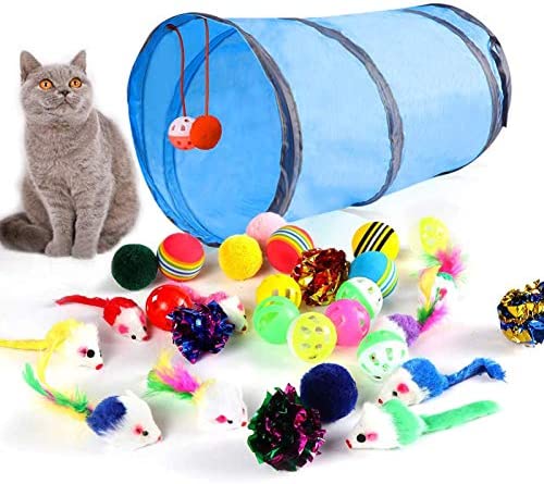 M JJYPET Interactive Cat Kitten Toys Assortments(30 Packs) 2 Way Tunnel, Cat Ball Toys Assortments,Rainbow Ball, Crinkle Ball, Sparkle Ball, Bell Balls,Cat Feather Toys,Cat MiceToys for Indoor Cats