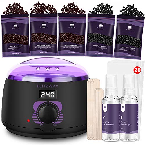 BLITZWAX Waxing Kit for Women Men Digital Wax Warmer Hard Wax Kit with 50 Wax Accessories 17.5oz Wax Beans for Full Body Brazilian Bikini Armpit Hair Removal