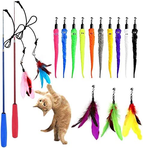 OODOSI Cat Toy Wand, Retractable Cat Feather Toys and Replacement Refills with Bells, Interactive Cat Toys for Cat Kitten Exercise