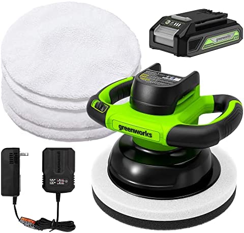 Greenworks 24V Powerful Cordless Car Buffer & Polisher, 10-inch pad 2800 RPM waxing machine with 4 Buffing Bonnets, 2.0Ah Battery & 2A Charger included