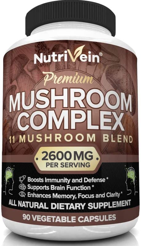 Nutrivein Mushroom Supplement – 2600mg – 90 Capsules – 11 Organic Mushrooms – Lions Mane, Cordyceps, Chaga, Reishi, Turkey Tail, Maitake, Shiitake, Agaricus, White Button, Oyster – Nootropic Complex