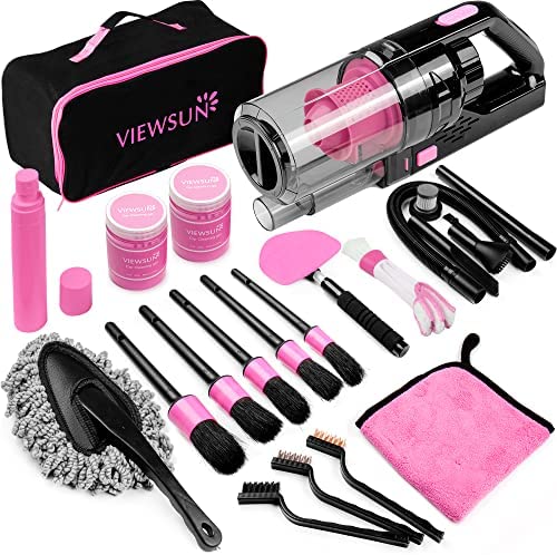 Viewsun 17pcs Car Cleaning Kit, Pink Car Interior Detailing Kit with High Power Handheld Vacuum, Detailing Brush Set, Windshield Cleaner, Cleaning Gel, Complete Car Cleaning Supplies for Women