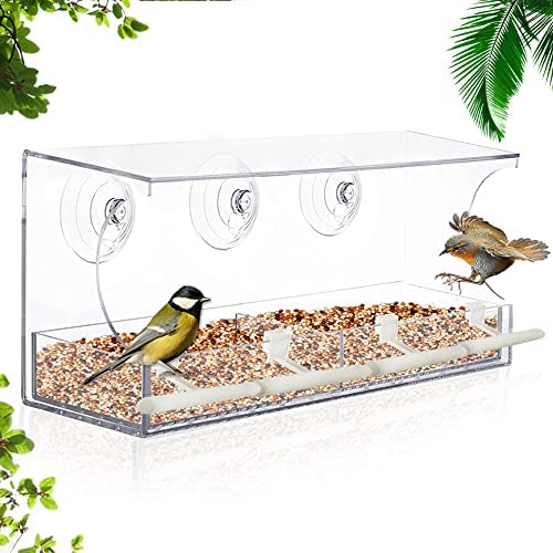 Window Bird Feeder, Bird House for Outside with 4 Rod, Acrylic Window Bird Feeder with Strong Suction Cups and Drain Holes