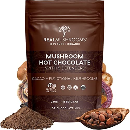 Real Mushrooms Organic Hot Chocolate Mix w/ 5 Defenders (Turkey Tail, Chaga, Maitake, Shiitake, Reishi Mushroom Powder) – Organic Cacao Powder – Gluten-Free, Non-GMO, Vegan (15 Servings)