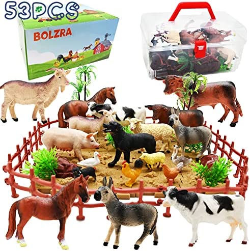 Farm Animals Figurines Toys, 53PCS Realistic Plastic Farm Playset with Fences Soil Puzzle Blocks, Farm Figures Learning Educational Toys for Boys Girls, Toddlers Cupcake Topper Birthday Set