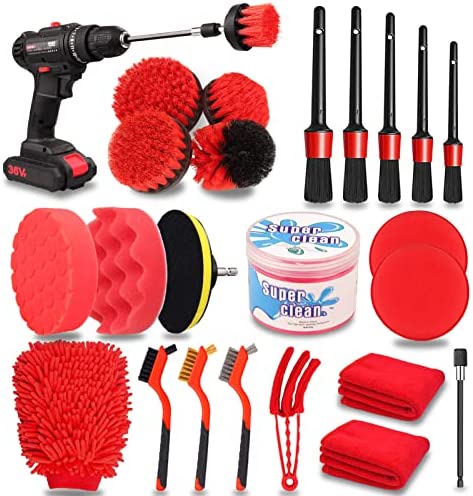 24PCS Car Detailing Brush Set, Car Detailing & Wash kit, Auto Detailing Drill Brush Set, Car Detailing Brushes with Cleaning Gel, Car Accessories for Women,Car Cleaning Tools Kit for Interior,Exterior