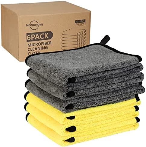 monohomi Microfiber Cleaning Cloth 6 Pack, 500gsm Thick and Soft Microfiber Towels for Cars, Plush and Absorbent Car Drying Towel for Car Wash, Car Wax and Auto Detailing, 24″ x 12″