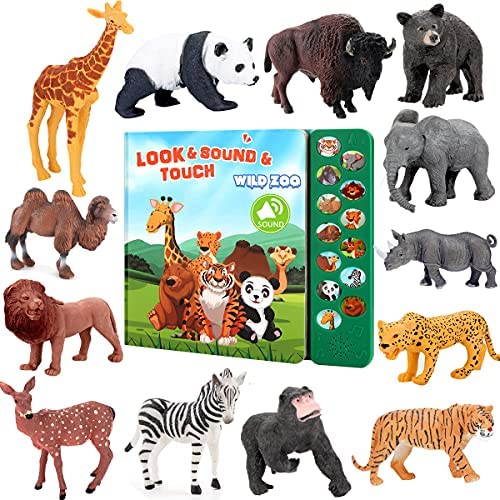 Tudoccy Safari Animals Figures Toys – 13 Realistic Wild Plastic Animal Figurines & Kids Sound Book – Educational Learning Toys Gift for 3 Years Old & Up Boys Girls Toddlers