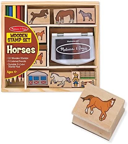 Melissa & Doug Wooden Stamp Activity Set: Horse Stable – 10 Stamps, 5 Colored Pencils, 2-Color Stamp Pad – Horse Stamps With Washable Ink, Horse Gifts For Girls And Boys Ages 4+